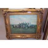Reproduction print on porcelain, early horse racing scene, gilt framed together with a coloured