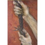 Dennis Gilbert oil on canvas, study of hands holding a rope, inscribed verso, 14.5ins x 14.5ins