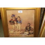 19th Century watercolour, study of boys on a beach with basket of fish, 11.5ins x 10.5ins