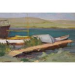 Russian oil on board, coastal inlet with boats by a wooden jetty, signed, inscribed and dated 1964