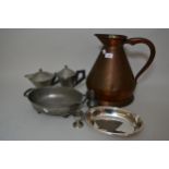Large copper measure, together with a quantity of various pewter tankards, two handled dish and
