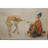 Orovida Pissaro, signed coloured print, kneeling figure with a deer, 11ins x 12ins approximately,