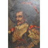 Oil on print base of a seated lady wearing furs and an oil on board, portrait of a cavalier