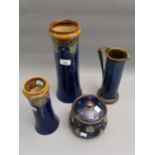 Royal Doulton stoneware tall waisted vase, 13ins together with a similar smaller vase, similar jar