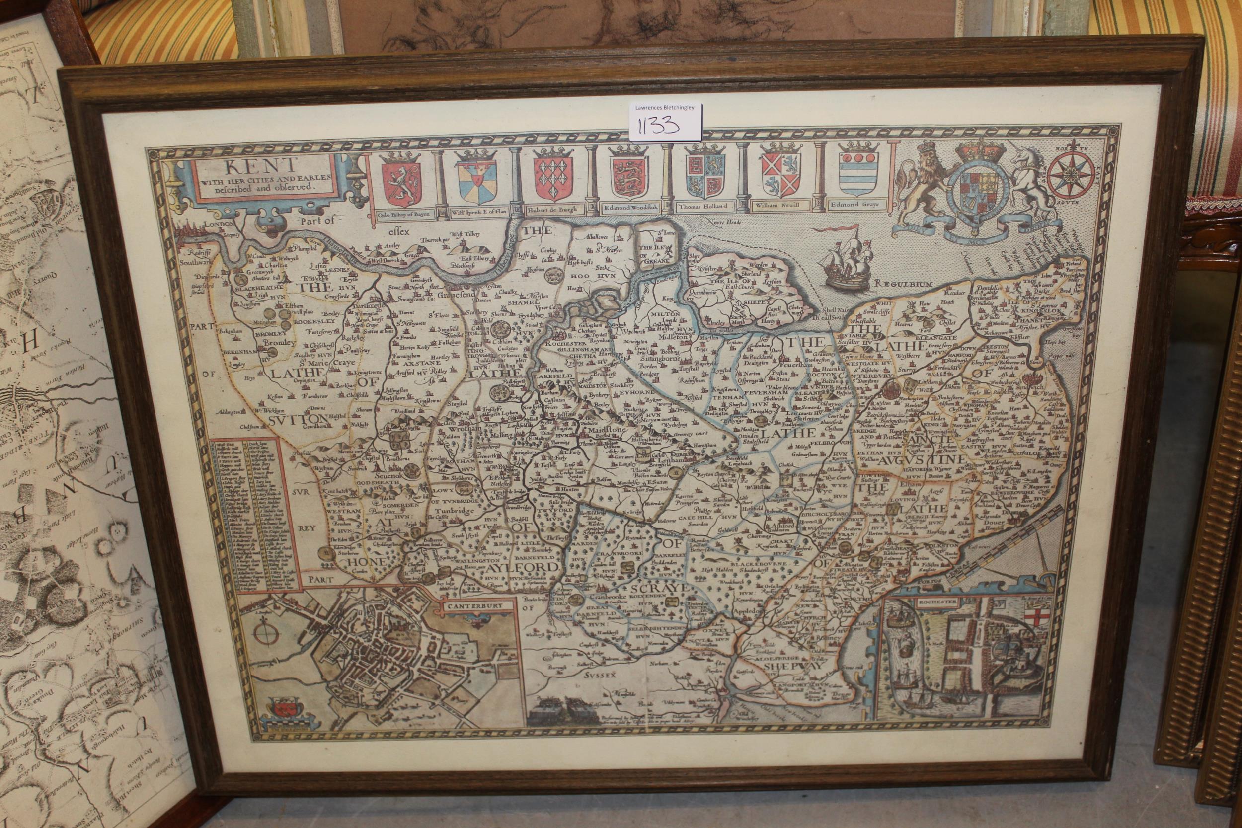 Robert Morden, hand coloured map of Cumberland together with three reproduction framed maps - Image 3 of 4