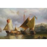 Modern oil on panel, Dutch fishing boats off a coastline, 8ins x 10ins together with another similar