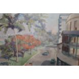 M. Popham, signed oil on board, street scene by a coastal inlet, 15.5ins x 19.5ins