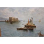 Early 20th Century oil on canvas, Mediterranean coastal scene with various rowing boats and sail