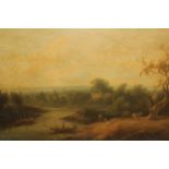 19th Century English school, oil on canvas, river landscape with figures, boats, animals and distant