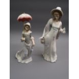 Lladro figure of a girl wearing a bonnet, 13.75ins high together with another of a girl carrying a