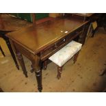 Victorian mahogany side table with two frieze drawers, raised on turned tapering supports (splits to