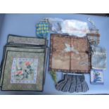 Five various beadwork evening bags, gilt metal mounted miser's purse, beadwork belt, Chinese silk