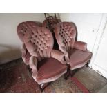 Set of four mid 20th Century pink button upholstered spoonback chairs on carved cabriole supports