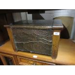 Arts and Crafts copper mounted oak log box 19.5ins wide x 13.5ins deep x 12ins high