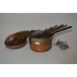 Graduated set of seven 19th Century copper saucepans with covers Sizes vary from 6.25ins diameter