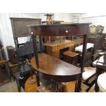 Pair of George III mahogany D-shaped side tables on square moulded supports, together with a