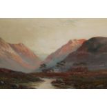 F.E Jamieson oil on canvas, a mountainous river landscape, signed, 15ins x 23ins, (scratch to