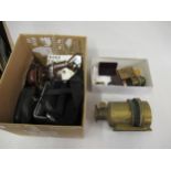 Gilt brass magic lantern lenses, together with various lens and accessories and four various cameras
