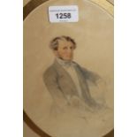 19th Century oval mounted watercolour and pencil study of a seated gentleman, 8.5ins x 6ins,
