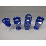 Pair of Bohemian blue overlaid clear glass vases (one chipped to rim), together with two other