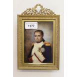 Late 19th / early 20th Century watercolour, portrait miniature of Napoleon, half length before a