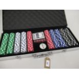 Aluminium cased set of casino poker chips, with dice and one pack of cards Missing small and big