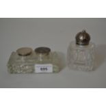 Birmingham silver mounted cut glass double inkwell (at fault) and a similar single inkwell