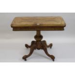 19th Century burr walnut rectangular card table having fold-over top with green baize lined interior