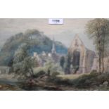 William Collingwood Smith, watercolour, figures before a ruined abbey in a landscape, signed,