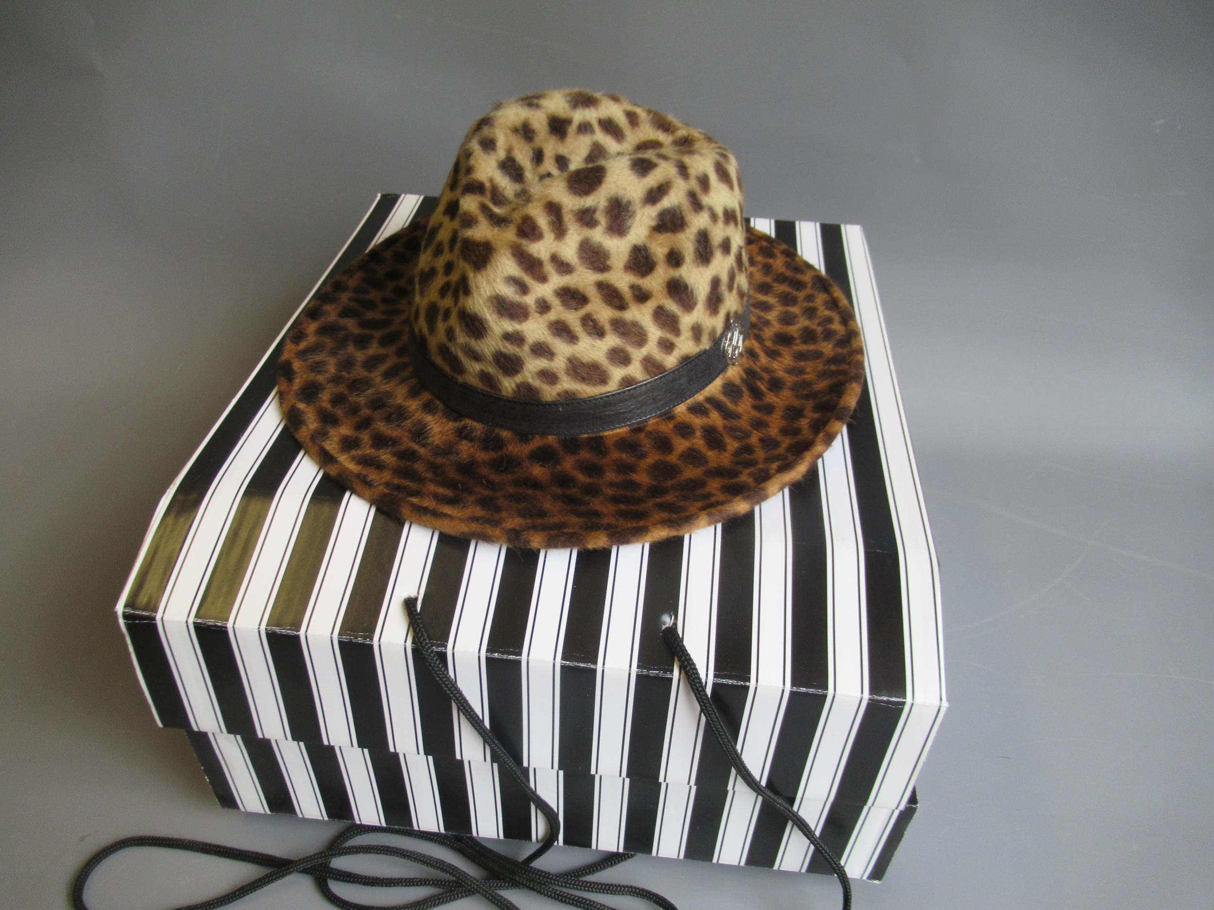 Walter Wright ' The London ' wide brimmed leopard fur felt fedora hat, complete with original