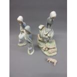 A Lladro group of a seated girl with piglets, (one pig loose) and two Lladro figures of girls