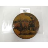 19th Century black lacquered papier mache snuff box, the lid decorated with a coloured print of
