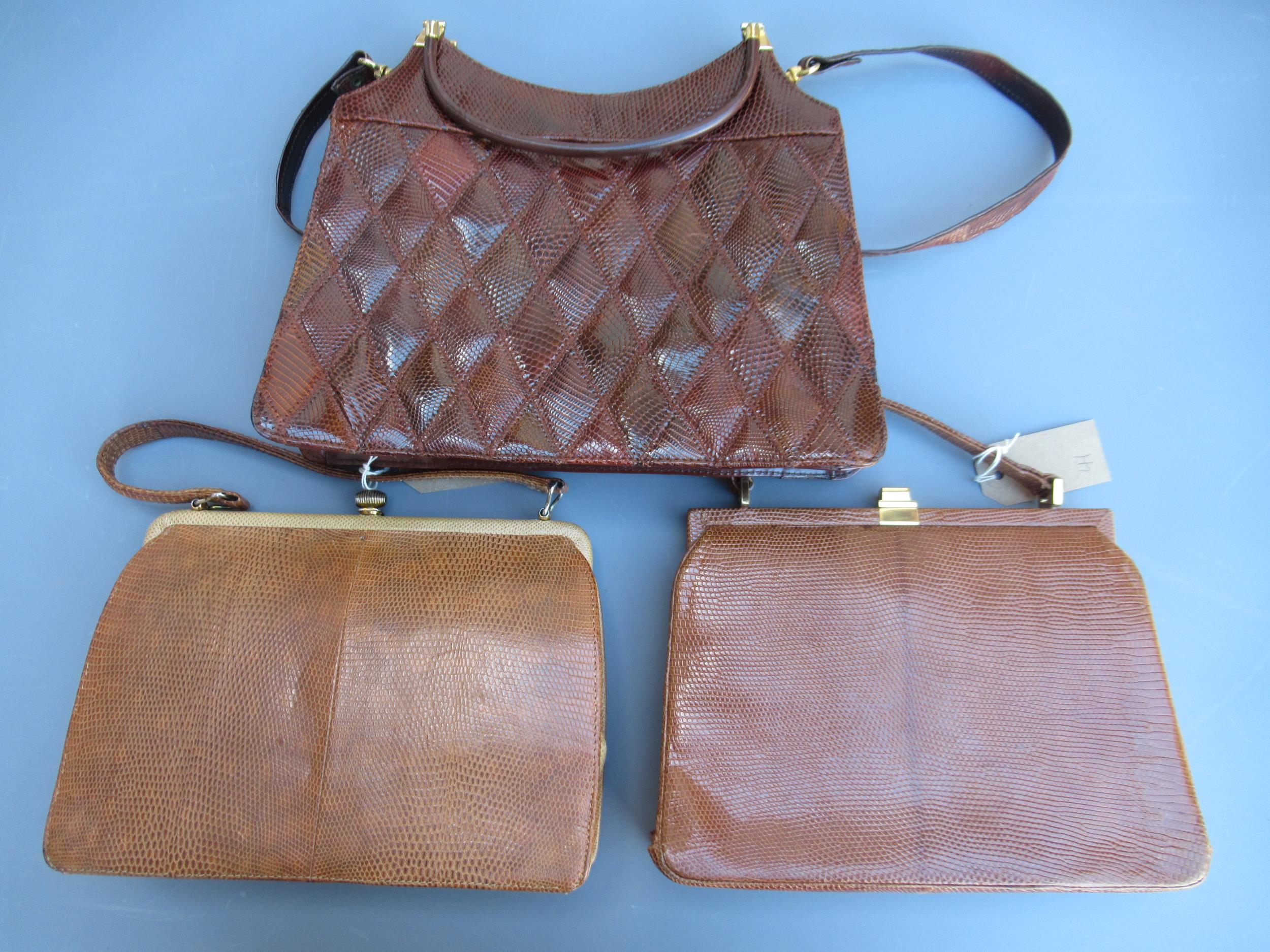 Two Mappin & Webb simulated snake skin leather handbags and another similar handbag