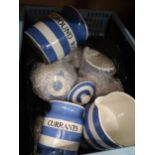 Group of six various Cornish ware, blue banded pottery kitchen canisters, together with matching