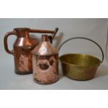 Late 19th Century jug engraved ' J & JV & Co. Limited ', copper watering can and a brass iron