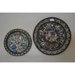 Two Persian coloured enamel decorated circular wall plates, 15ins and 11.5ins diameters