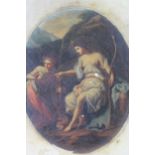 19th Century oval oil on canvas, figures in a classical landscape, after Kauffman, 7ins x 5.5ins,
