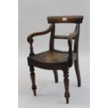 19th Century childrens mahogany rail back open elbow chair with curved seat raised on turned