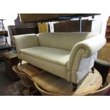 Small late Victorian cream damask upholstered Chesterfield sofa with drop ends