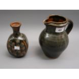 Muchelney Pottery (John Leach) stoneware jug with mottled green glaze, 7.5ins high together with a