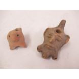 Pre-Columbian clay bird whistle, 2.5ins wide x 2.45ins high, together with a similar mask head