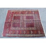 Small Afghan Ersari prayer rug with a wine red ground, 4ft 6ins x 3ft approximately (some wear)