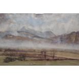 John William Inchbold signed watercolour, extensive rural landscape with distant mountains, 12.