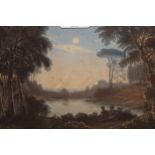 Colour lithograph, a moonlit lake scene, another lithograph, ' The Camp of the Foreign Legion ',