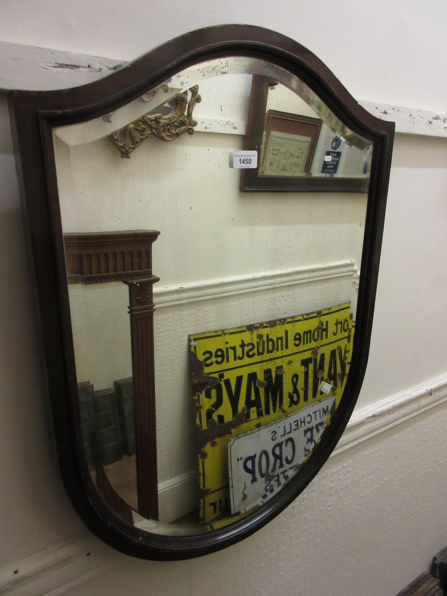 Mahogany shield shaped wall mirror, with original bevelled plate, 30ins high x 22ins wide