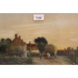Watercolour, horse drawn hay cart before buildings, gilt framed together with a pair of watercolour,