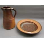 Muchelney Pottery (John Leach) stoneware dish, 14ins diameter, impressed marks and date 1999,