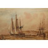 19th Century watercolour, English Man-o-War and other shipping off the coast, signed Nibbs, 12ins