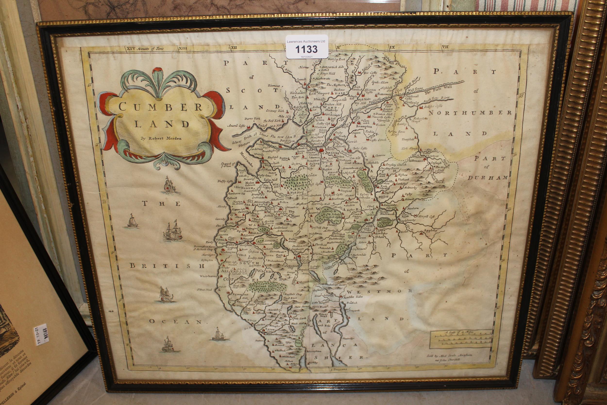 Robert Morden, hand coloured map of Cumberland together with three reproduction framed maps