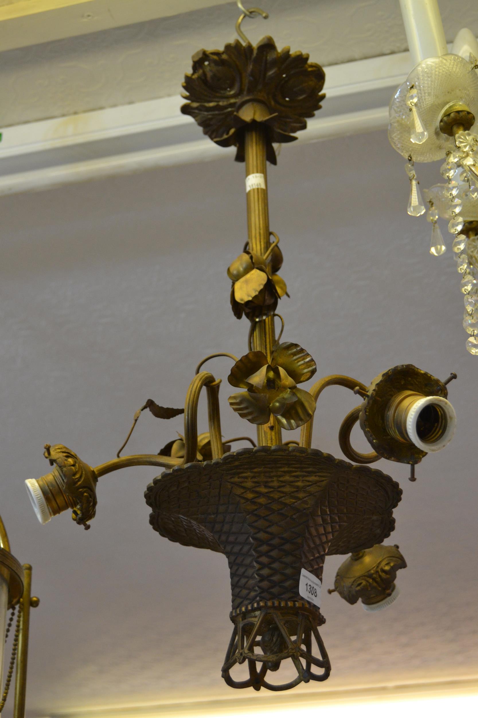 French gilt metal three branch hanging ceiling light of stylised floral design (at fault) 25ins high